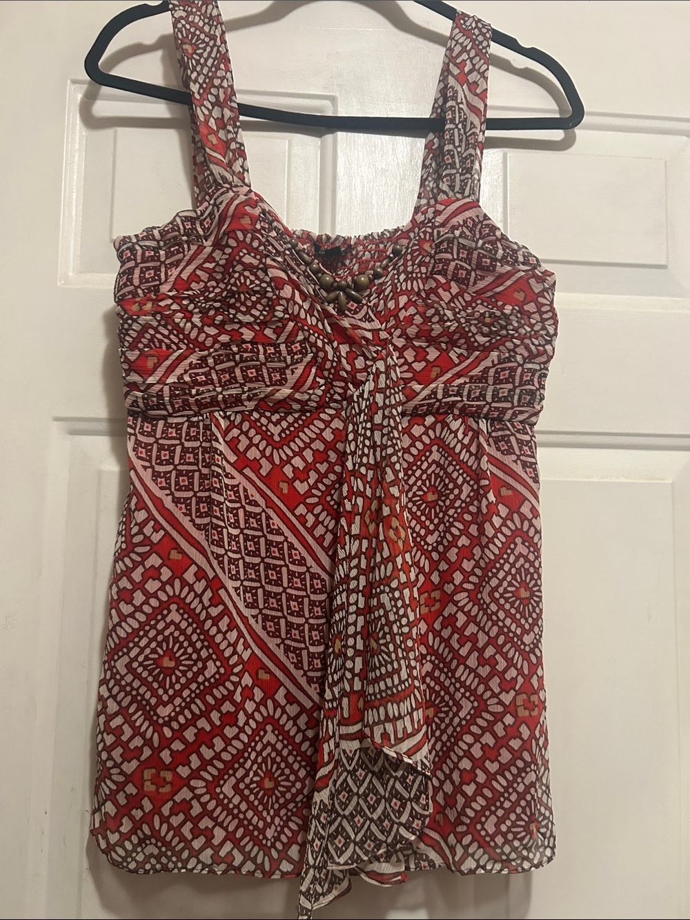 NINE WEST Sleeveless Top Red Geometric with Front Tie  SZ 8